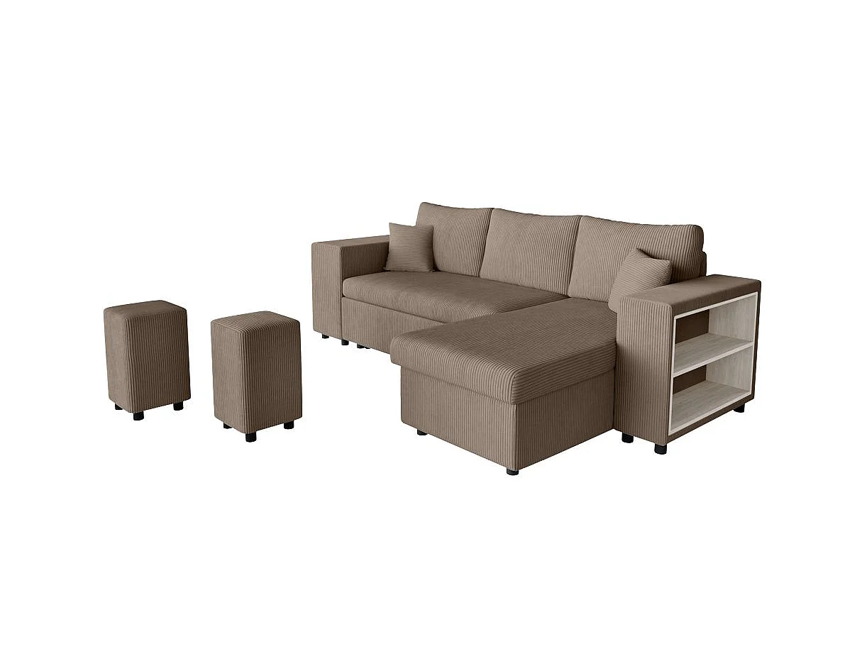 Canapé d'angle convertible 5 places avec pouf en velours taupe MADY