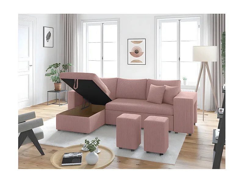 Canapé d'angle réversible convertible Oslo avec coffre, 2 poufs à droite en velours côtelé rose - L241 x P146 x H81cm - Loungitude