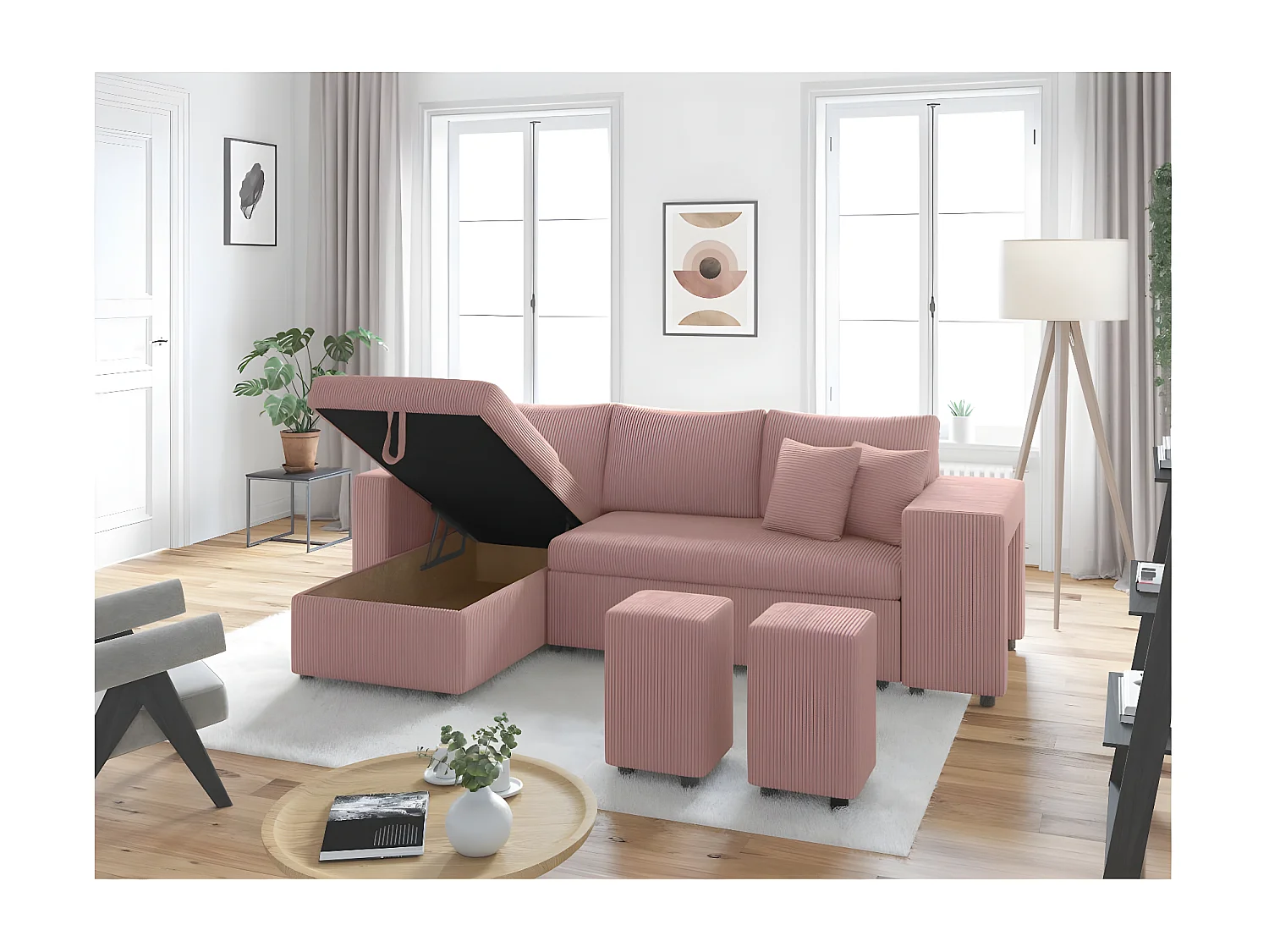 Canapé d'angle réversible convertible Oslo avec coffre, 2 poufs à droite en velours côtelé rose - L241 x P146 x H81cm - Loungitude