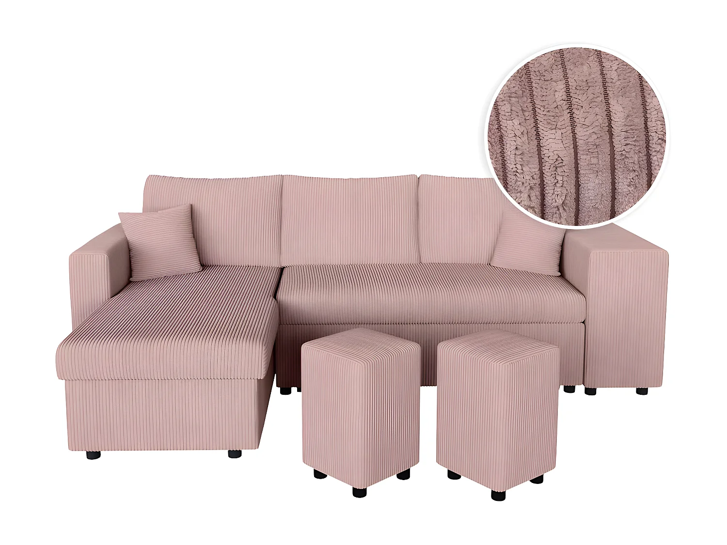 Canapé d'angle réversible convertible Oslo avec coffre, 2 poufs à droite en velours côtelé rose - L241 x P146 x H81cm - Loungitude
