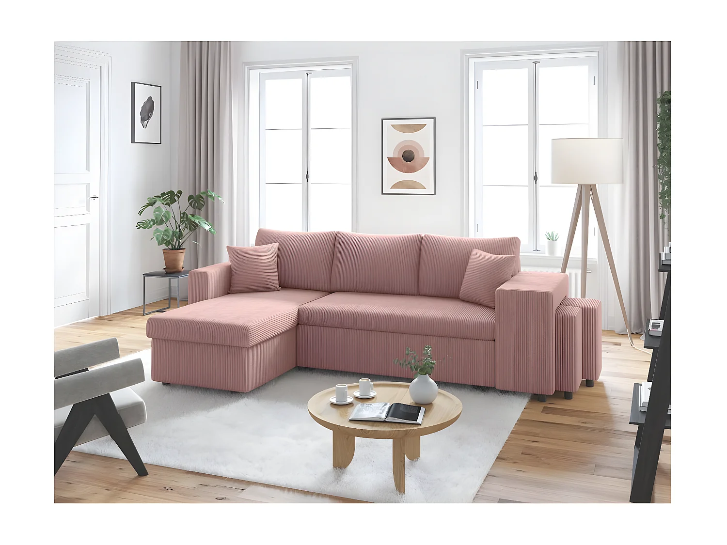 Canapé d'angle réversible convertible Oslo avec coffre, 2 poufs à droite en velours côtelé rose - L241 x P146 x H81cm - Loungitude