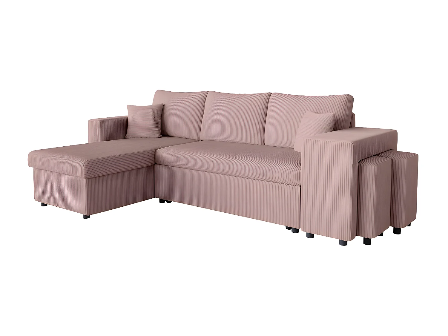 Canapé d'angle réversible convertible Oslo avec coffre, 2 poufs à droite en velours côtelé rose - L241 x P146 x H81cm - Loungitude