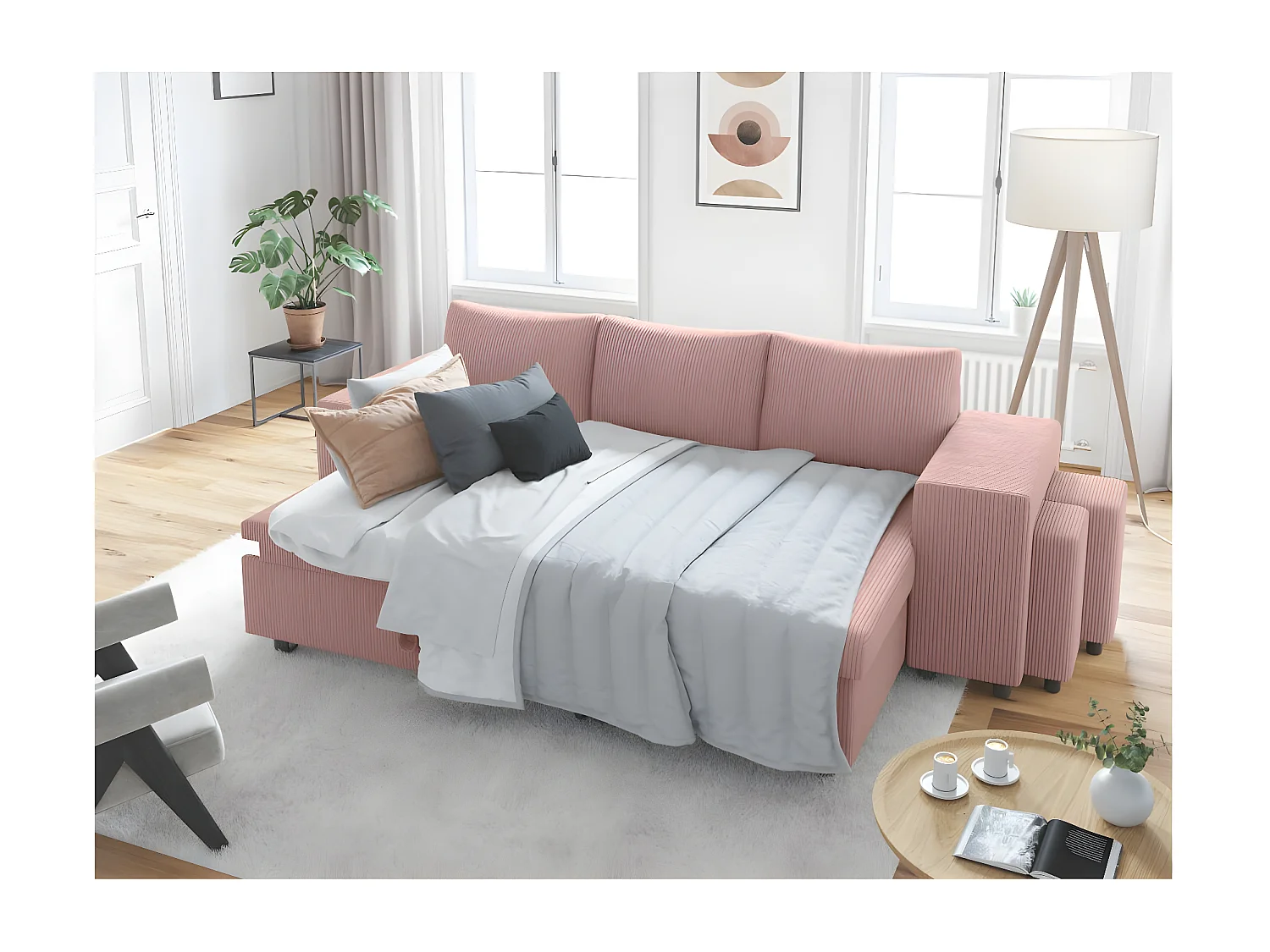 Canapé d'angle réversible convertible Oslo avec coffre, 2 poufs à droite en velours côtelé rose - L241 x P146 x H81cm - Loungitude
