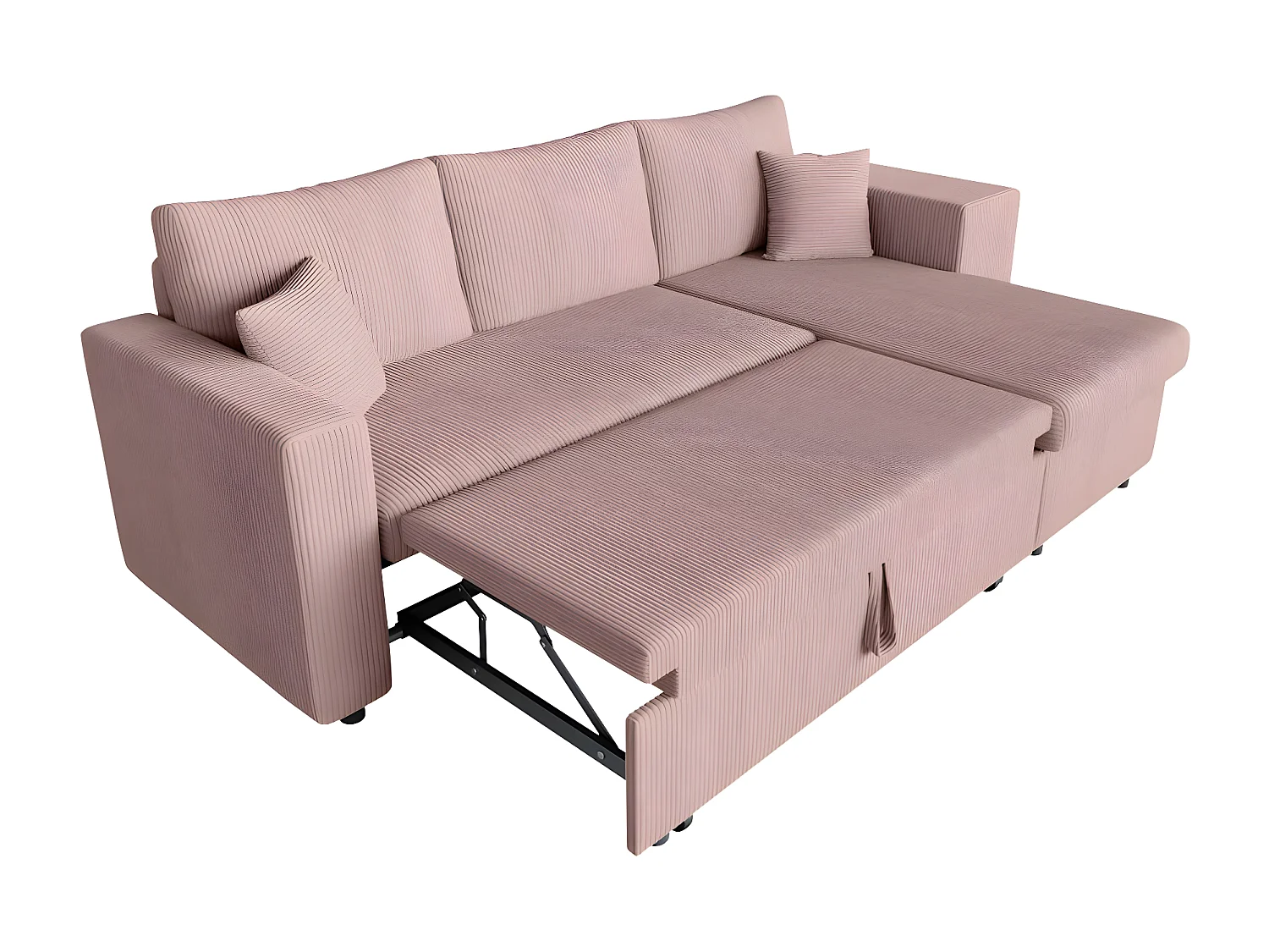 Canapé d'angle réversible convertible Oslo avec coffre, 2 poufs à droite en velours côtelé rose - L241 x P146 x H81cm - Loungitude