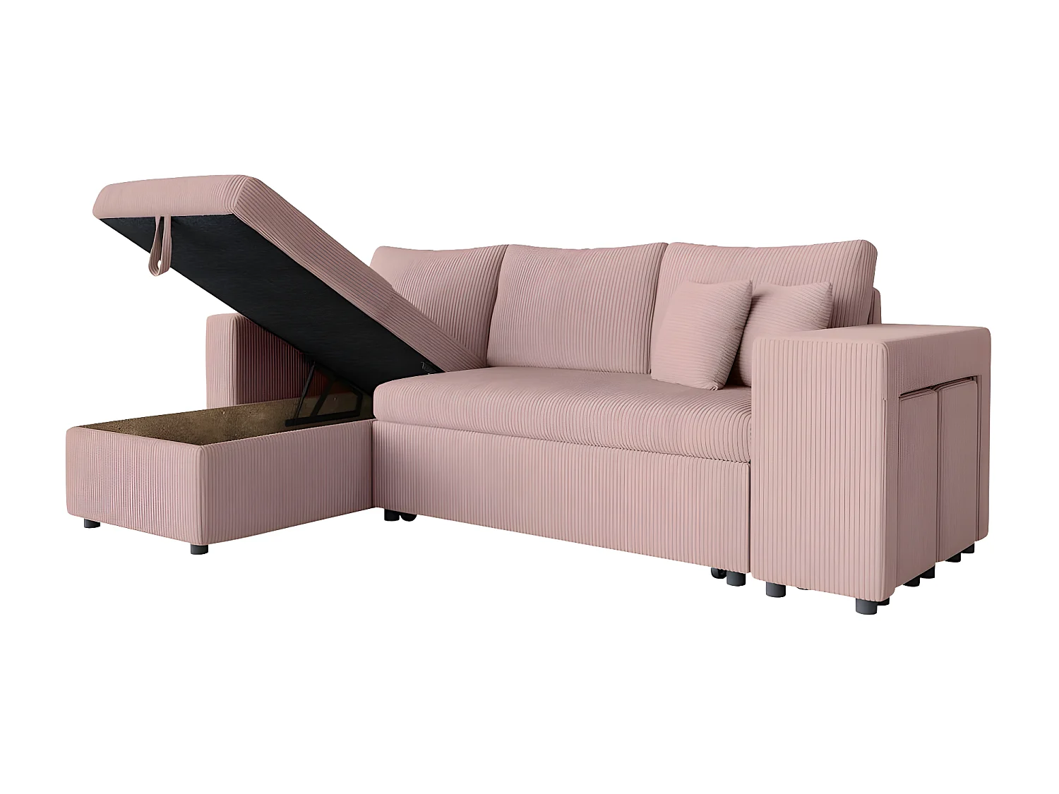 Canapé d'angle réversible convertible Oslo avec coffre, 2 poufs à droite en velours côtelé rose - L241 x P146 x H81cm - Loungitude
