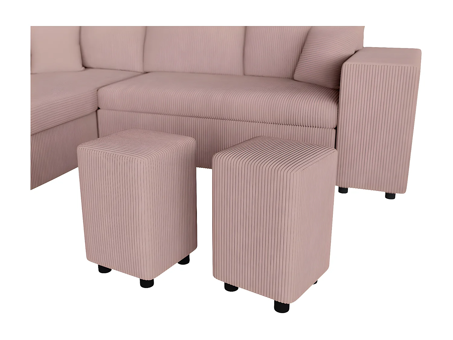 Canapé d'angle réversible convertible Oslo avec coffre, 2 poufs à droite en velours côtelé rose - L241 x P146 x H81cm - Loungitude