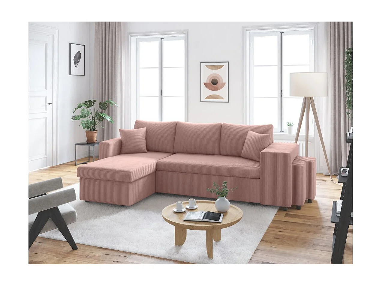 Canapé d'angle réversible convertible Oslo avec coffre, 2 poufs à droite en velours côtelé rose - L241 x P146 x H81cm - Loungitude