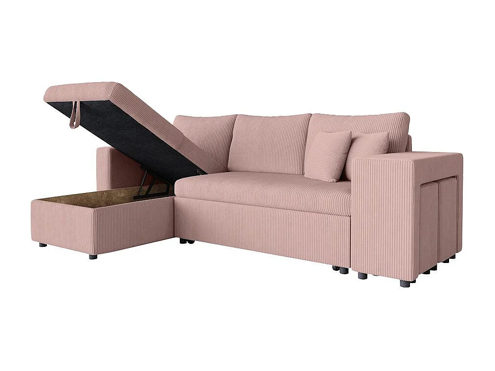 Canapé d'angle réversible convertible Oslo avec coffre, 2 poufs à droite en velours côtelé rose - L241 x P146 x H81cm - Loungitude