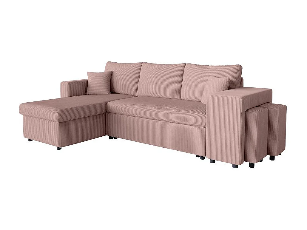 Canapé d'angle réversible convertible Oslo avec coffre, 2 poufs à droite en velours côtelé rose - L241 x P146 x H81cm - Loungitude