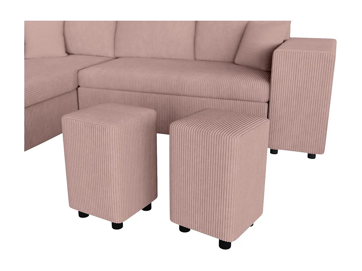 Canapé d'angle réversible convertible Oslo avec coffre, 2 poufs à droite en velours côtelé rose - L241 x P146 x H81cm - Loungitude