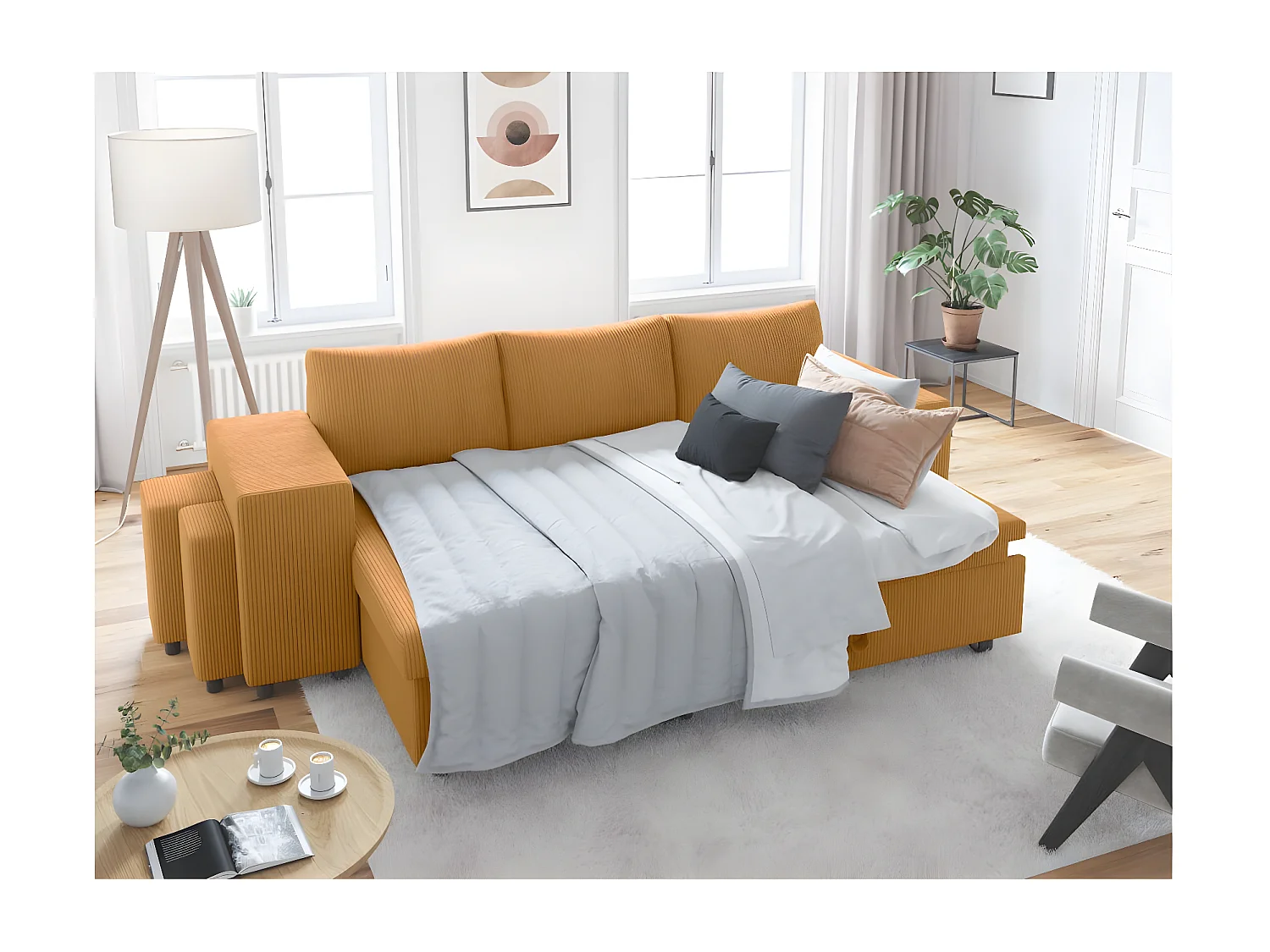 Canapé d'angle réversible convertible Oslo avec coffre, 2 poufs à gauche en velours côtelé jaune - L241 x P146 x H81cm - Loungitude