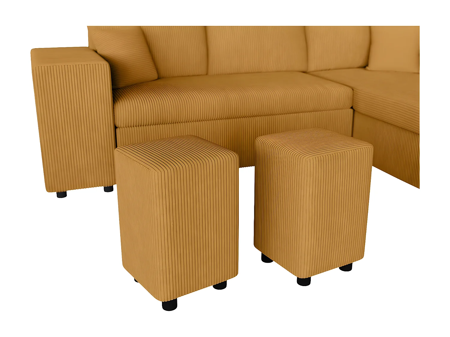 Canapé d'angle réversible convertible Oslo avec coffre, 2 poufs à gauche en velours côtelé jaune - L241 x P146 x H81cm - Loungitude