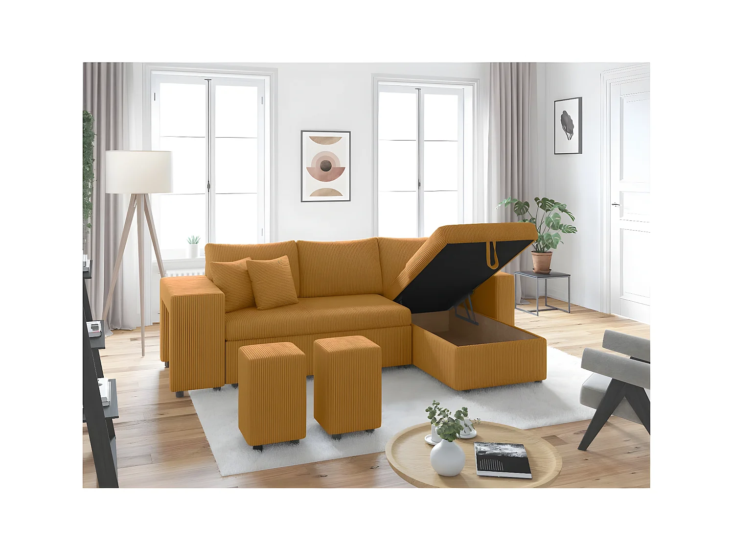 Canapé d'angle réversible convertible Oslo avec coffre, 2 poufs à gauche en velours côtelé jaune - L241 x P146 x H81cm - Loungitude