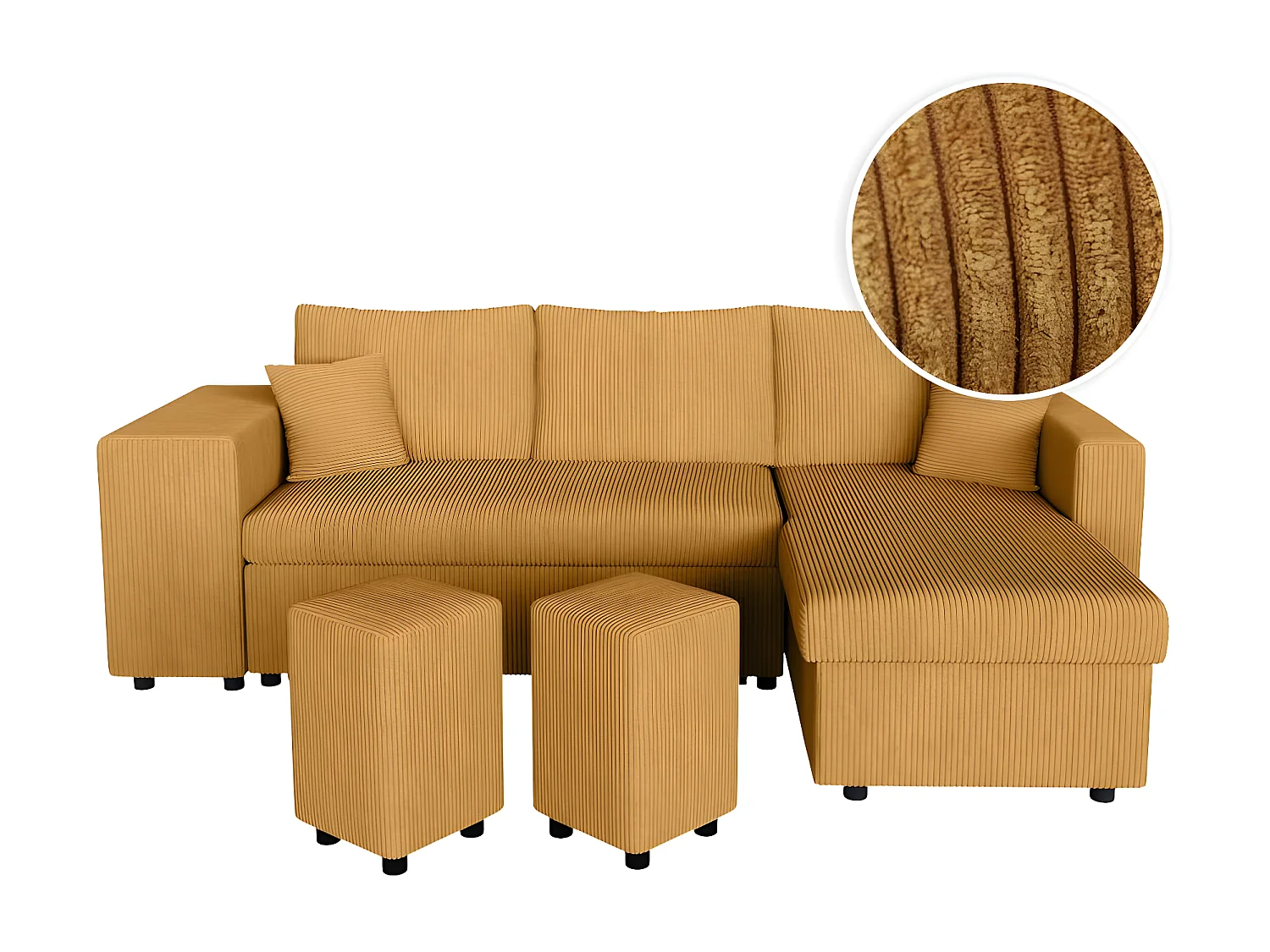 Canapé d'angle réversible convertible Oslo avec coffre, 2 poufs à gauche en velours côtelé jaune - L241 x P146 x H81cm - Loungitude