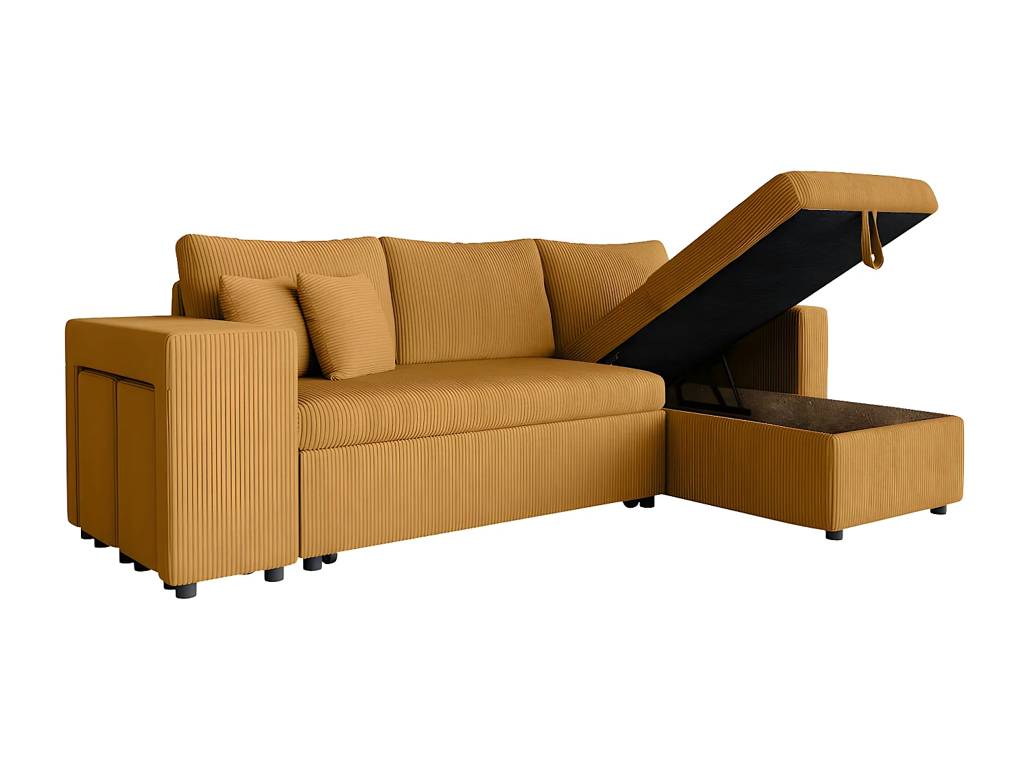 Canapé d'angle réversible convertible Oslo avec coffre, 2 poufs à gauche en velours côtelé jaune - L241 x P146 x H81cm - Loungitude