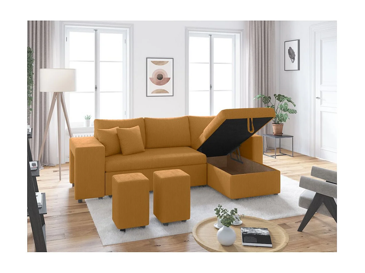 Canapé d'angle réversible convertible Oslo avec coffre, 2 poufs à gauche en velours côtelé jaune - L241 x P146 x H81cm - Loungitude