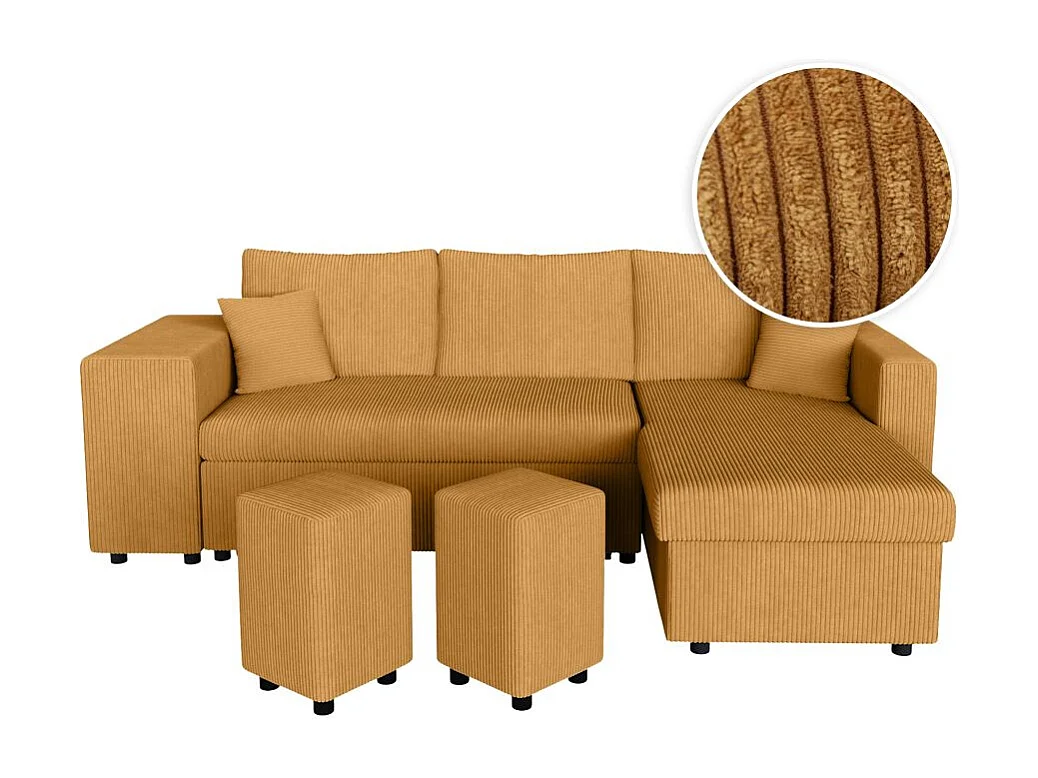 Canapé d'angle réversible convertible Oslo avec coffre, 2 poufs à gauche en velours côtelé jaune - L241 x P146 x H81cm - Loungitude