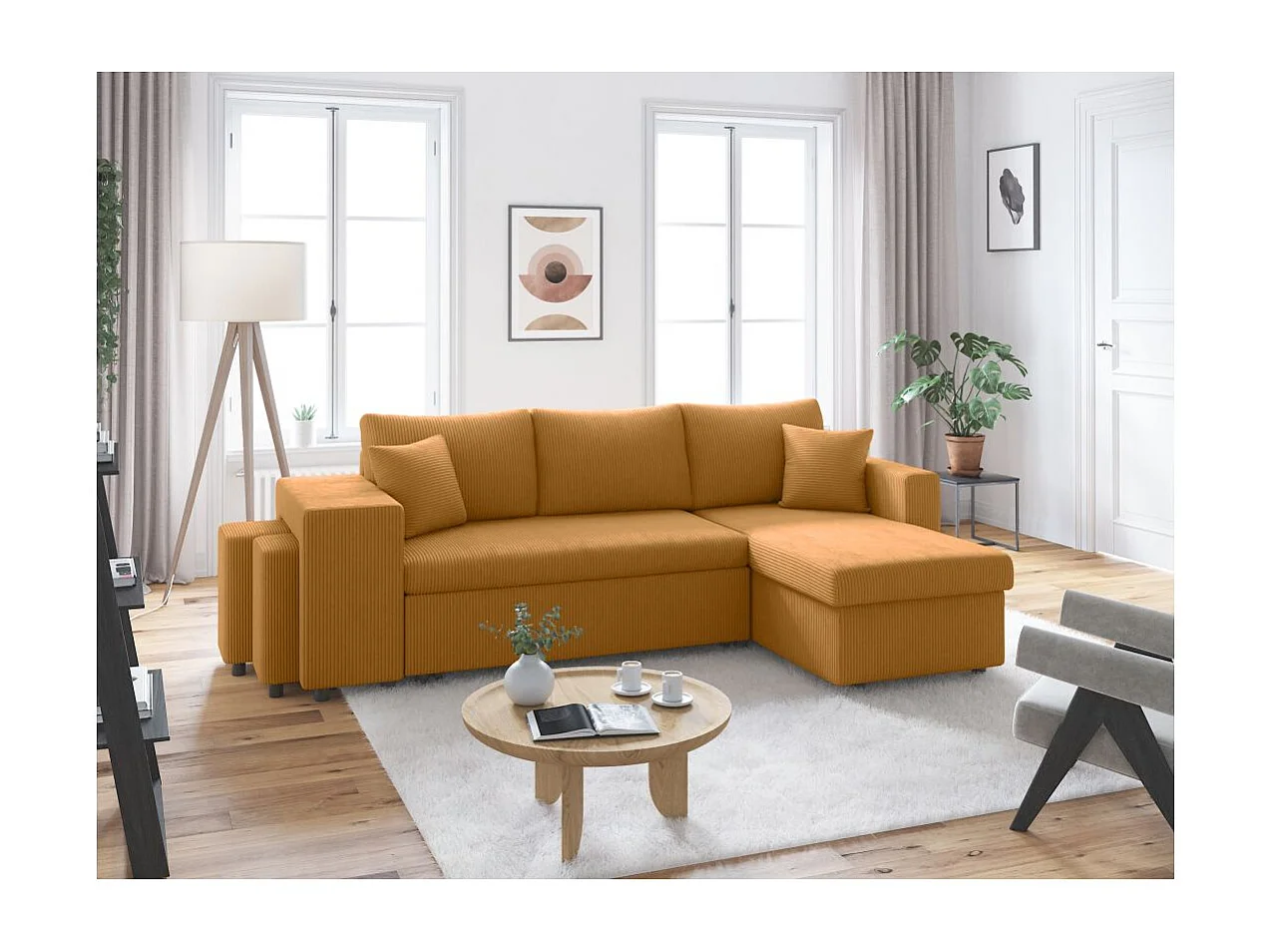 Canapé d'angle réversible convertible Oslo avec coffre, 2 poufs à gauche en velours côtelé jaune - L241 x P146 x H81cm - Loungitude