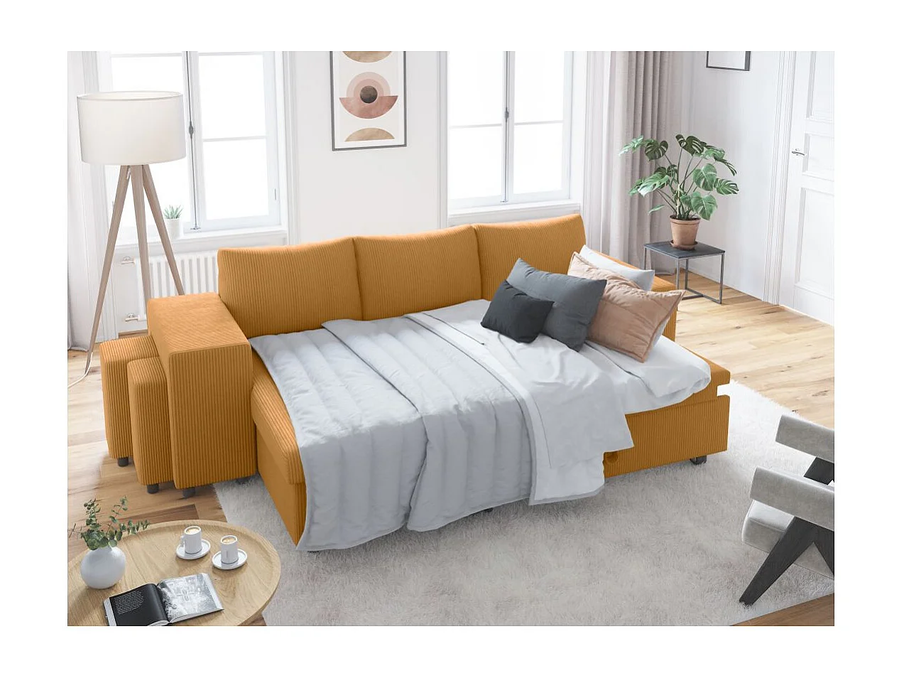 Canapé d'angle réversible convertible Oslo avec coffre, 2 poufs à gauche en velours côtelé jaune - L241 x P146 x H81cm - Loungitude