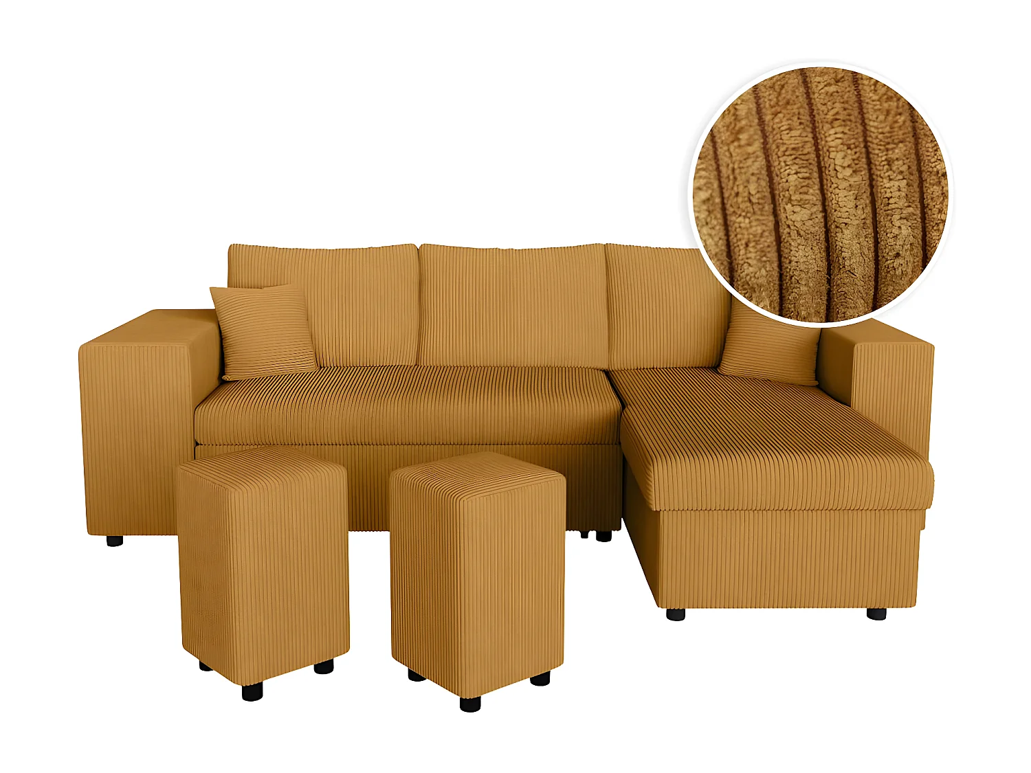 Canapé d'angle réversible Mady avec coffre, rangement poufs à gauche en velours côtelé - Jaune - L254 x P146 x H81cm - Loungitude