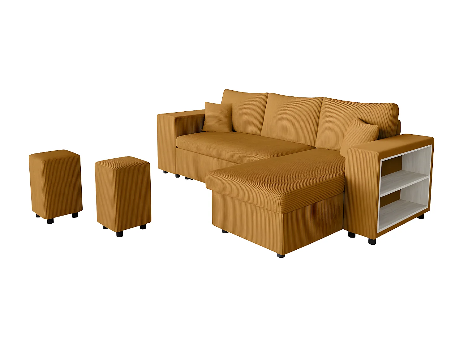 Canapé d'angle réversible Mady avec coffre, rangement poufs à gauche en velours côtelé - Jaune - L254 x P146 x H81cm - Loungitude