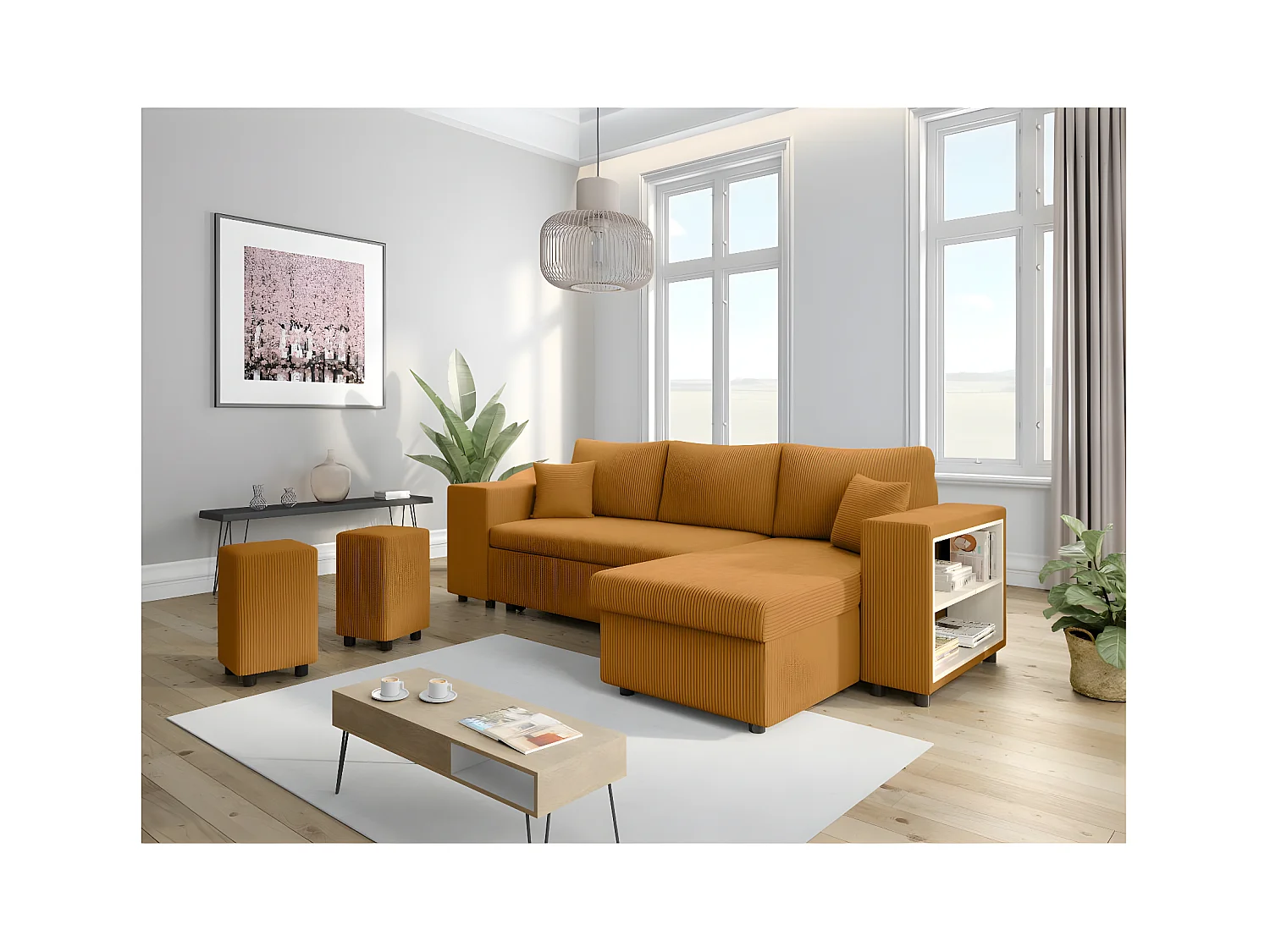 Canapé d'angle réversible Mady avec coffre, rangement poufs à gauche en velours côtelé - Jaune - L254 x P146 x H81cm - Loungitude