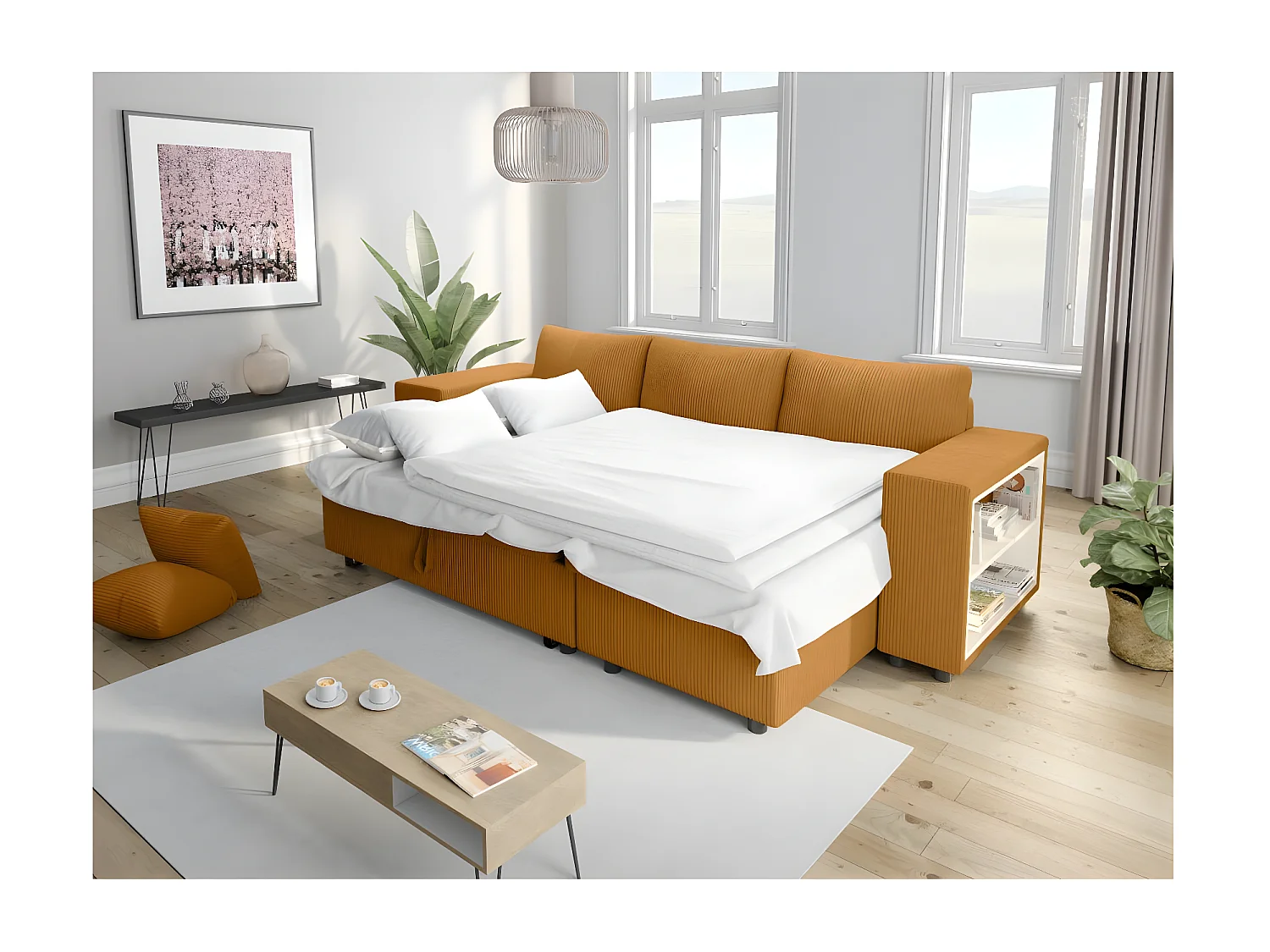 Canapé d'angle réversible Mady avec coffre, rangement poufs à gauche en velours côtelé - Jaune - L254 x P146 x H81cm - Loungitude