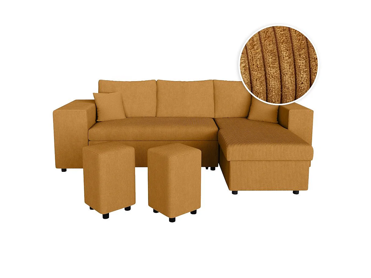 Canapé d'angle convertible 5 places avec pouf en velours jaune MADY