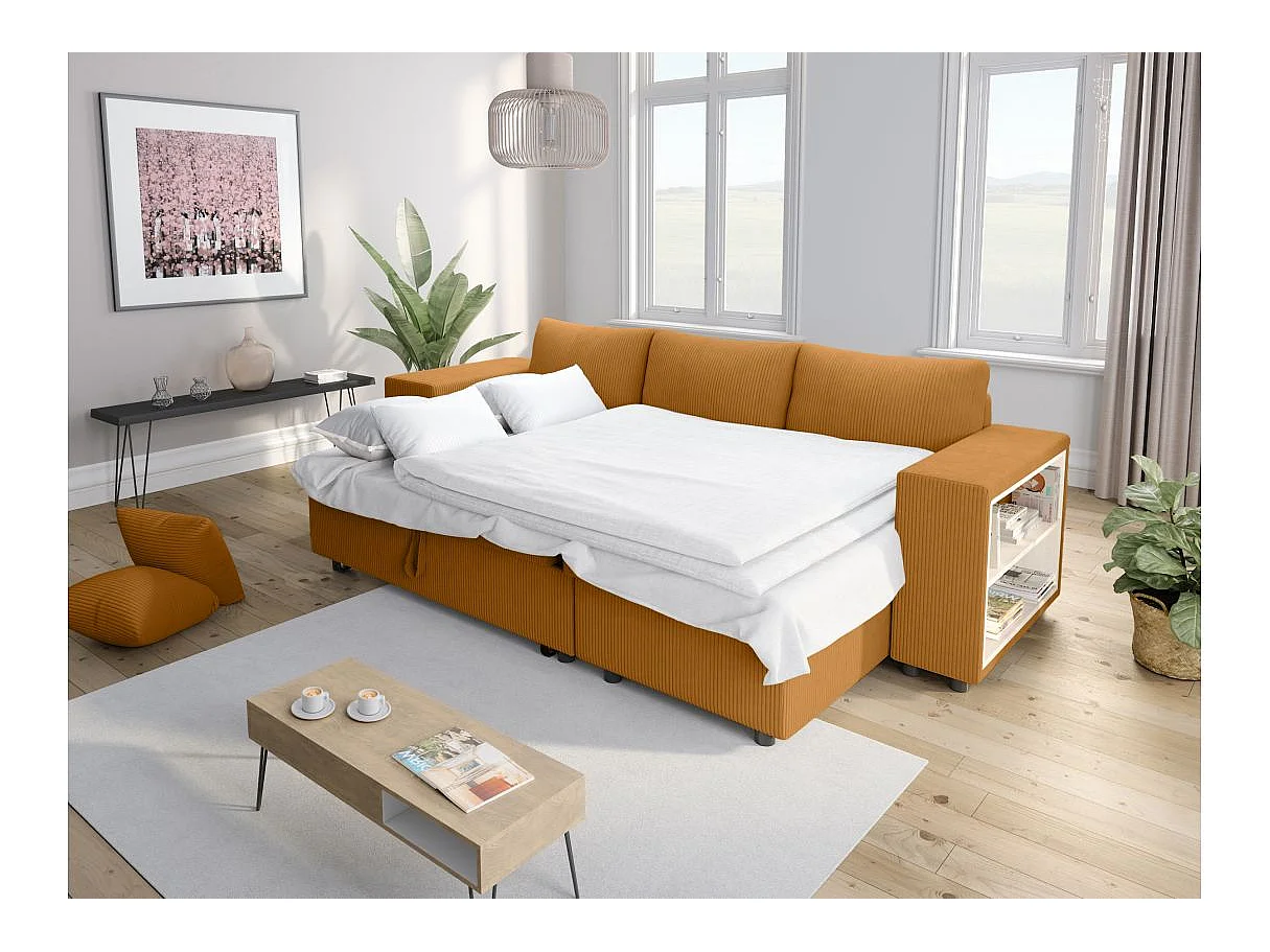 Canapé d'angle convertible 5 places avec pouf en velours jaune MADY
