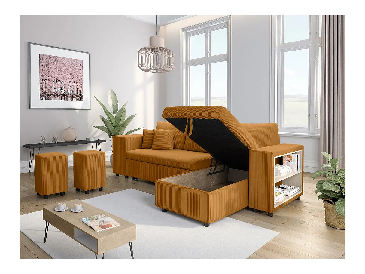 Canapé d'angle convertible 5 places avec pouf en velours jaune MADY