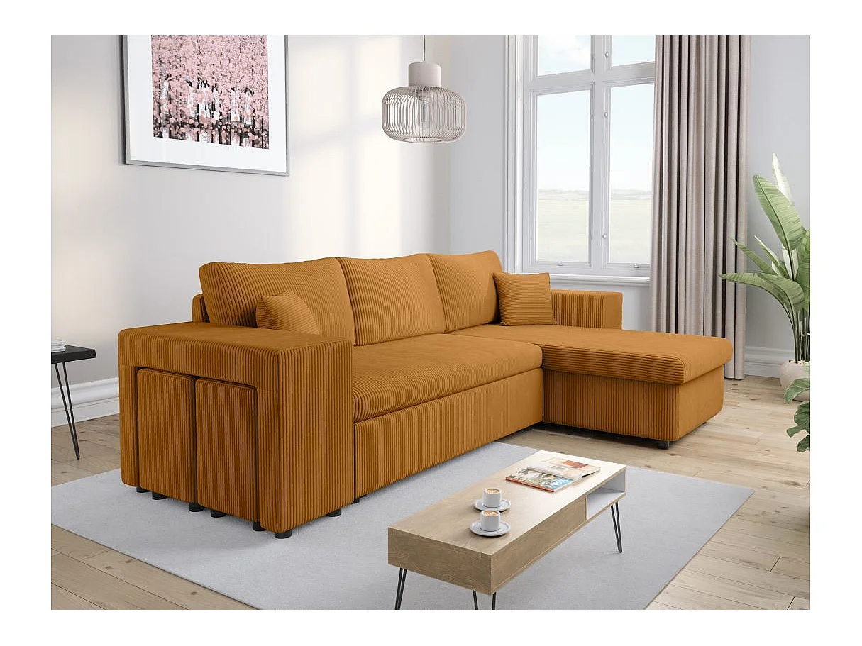 Canapé d'angle convertible 5 places avec pouf en velours jaune MADY