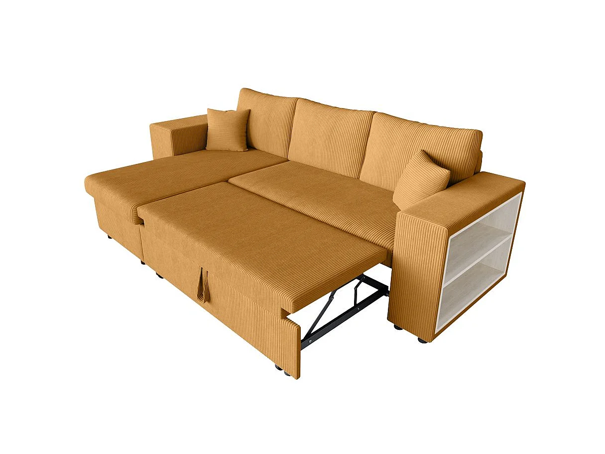 Canapé d'angle convertible 5 places avec pouf en velours jaune MADY
