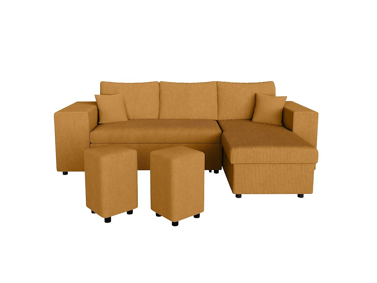 Canapé d'angle convertible 5 places avec pouf en velours jaune MADY