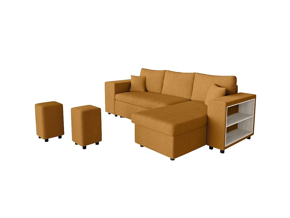 Canapé d'angle convertible 5 places avec pouf en velours jaune MADY