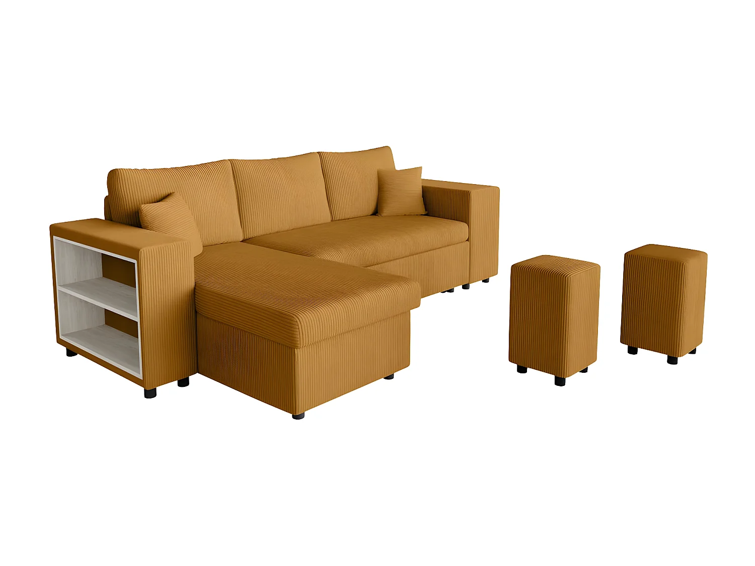 Canapé d'angle réversible Mady avec coffre, rangement poufs à droite en velours côtelé - Jaune - L254 x P146 x H81cm - Loungitude