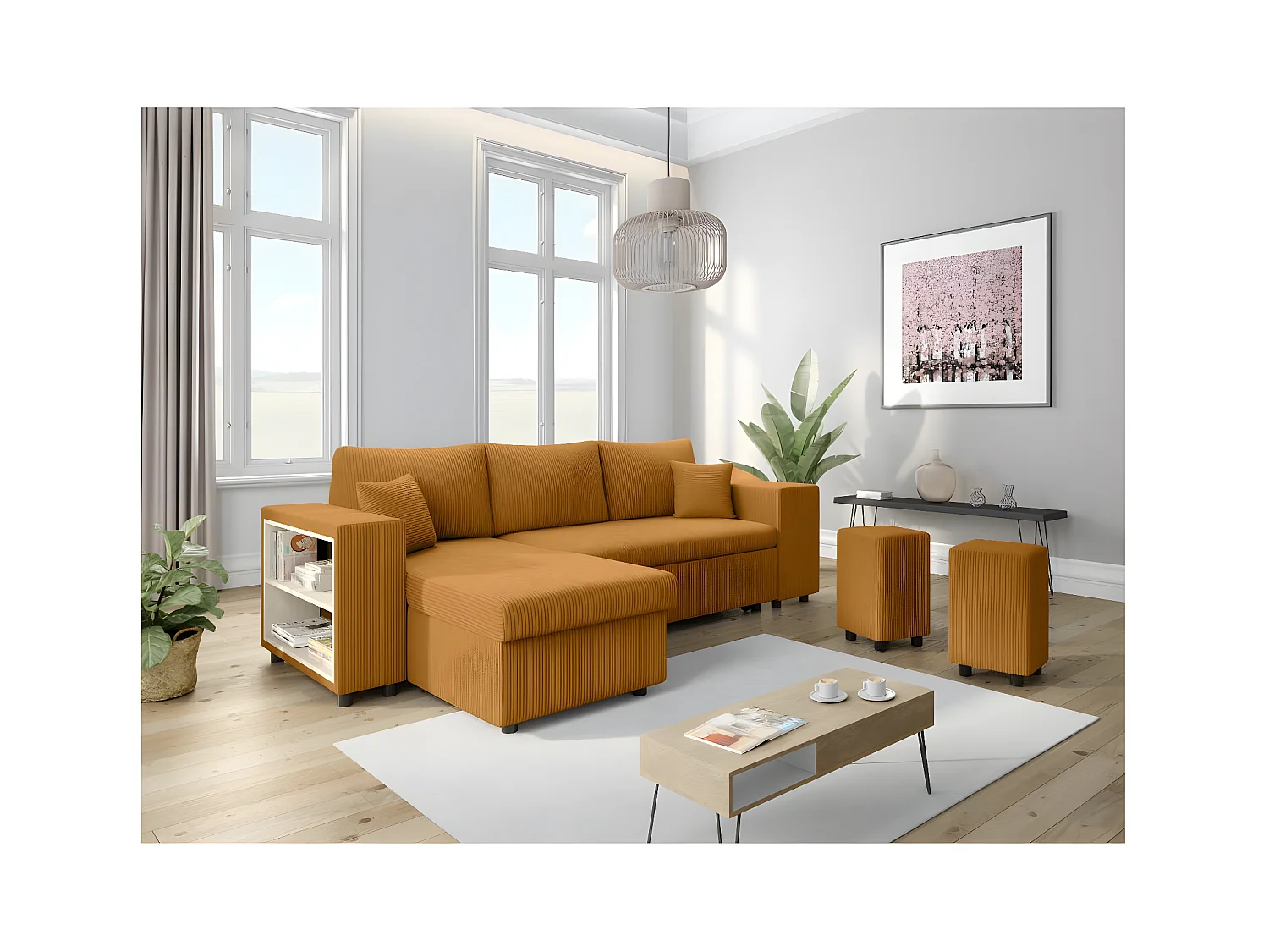 Canapé d'angle réversible Mady avec coffre, rangement poufs à droite en velours côtelé - Jaune - L254 x P146 x H81cm - Loungitude