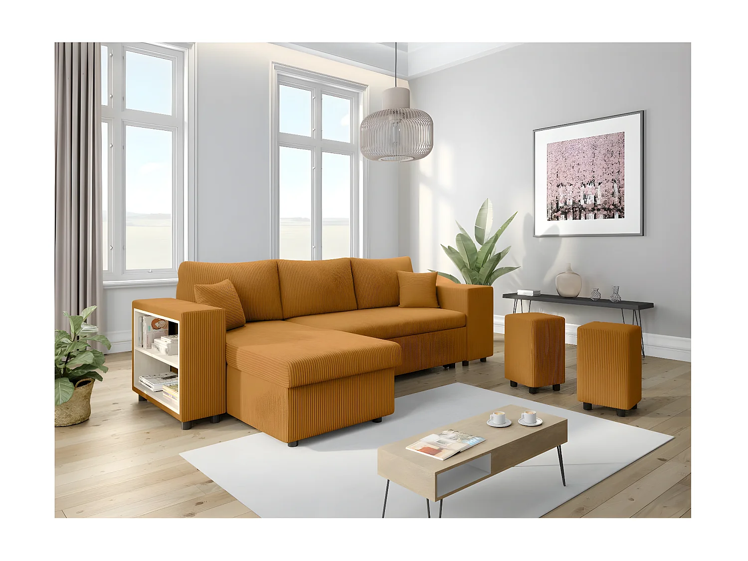 Canapé d'angle réversible Mady avec coffre, rangement poufs à droite en velours côtelé - Jaune - L254 x P146 x H81cm - Loungitude