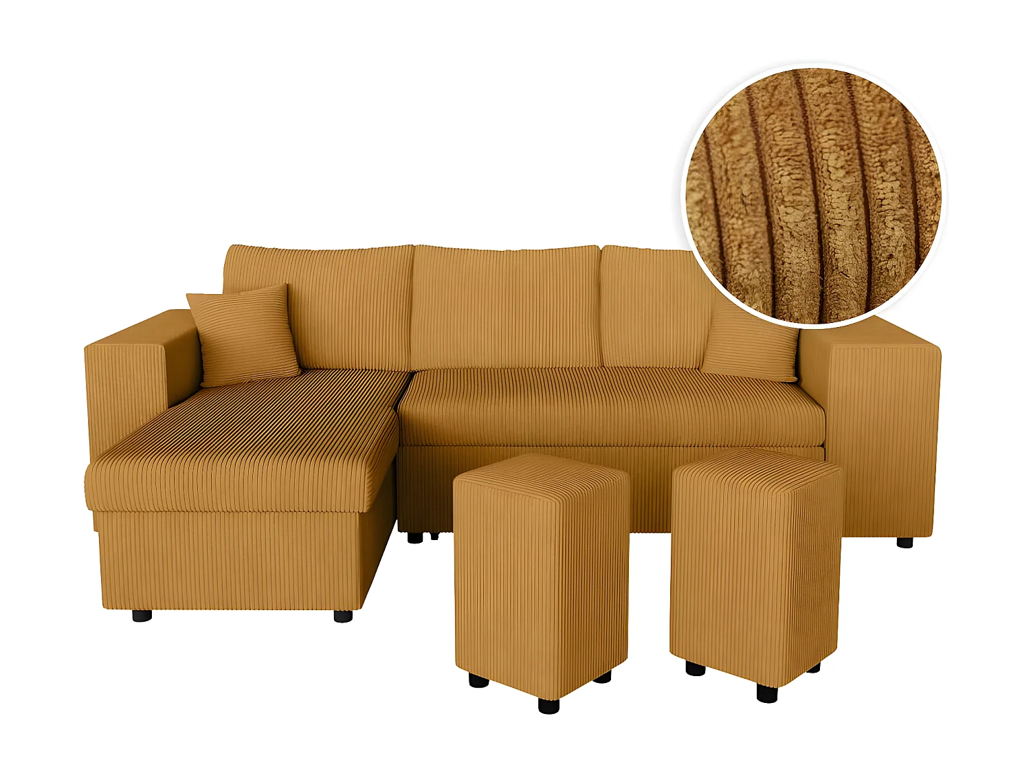 Canapé d'angle réversible Mady avec coffre, rangement poufs à droite en velours côtelé - Jaune - L254 x P146 x H81cm - Loungitude