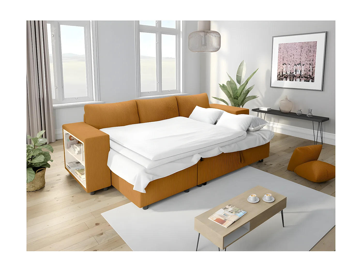 Canapé d'angle réversible Mady avec coffre, rangement poufs à droite en velours côtelé - Jaune - L254 x P146 x H81cm - Loungitude