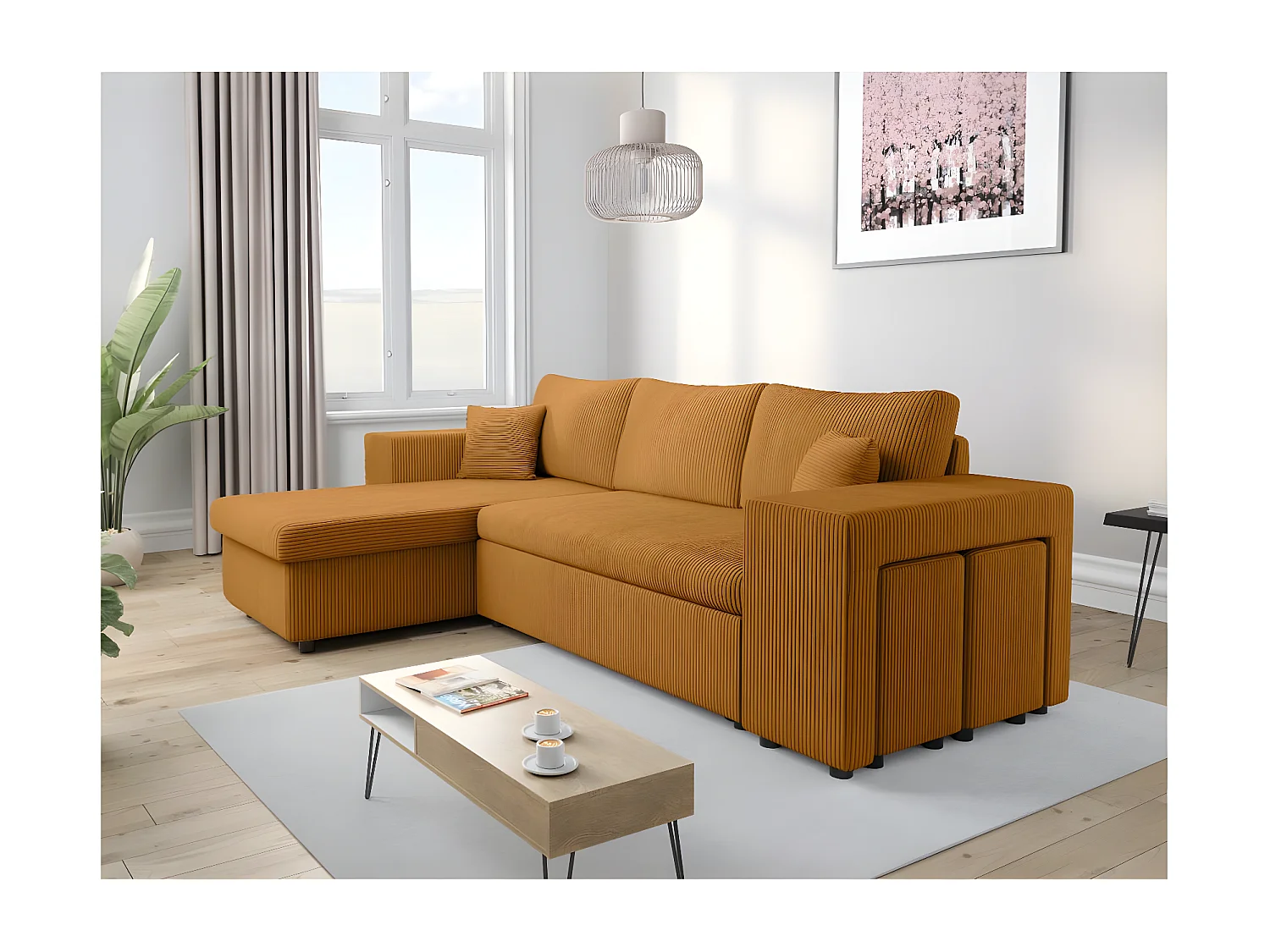 Canapé d'angle réversible Mady avec coffre, rangement poufs à droite en velours côtelé - Jaune - L254 x P146 x H81cm - Loungitude