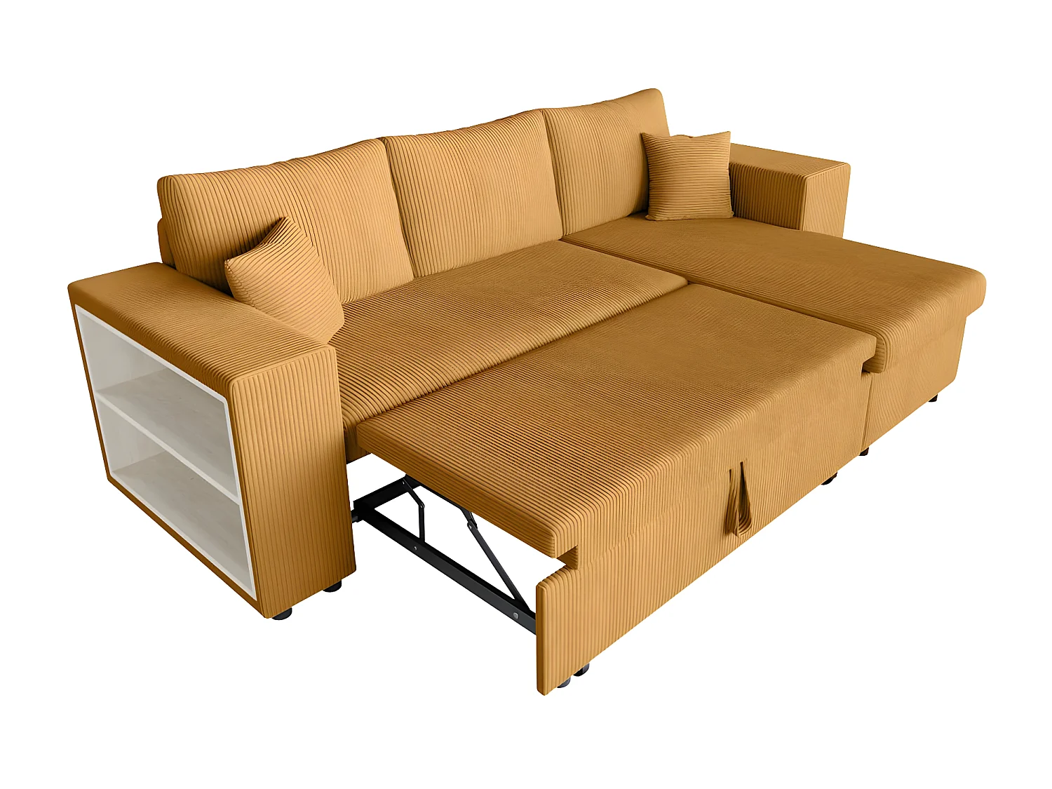 Canapé d'angle réversible Mady avec coffre, rangement poufs à droite en velours côtelé - Jaune - L254 x P146 x H81cm - Loungitude