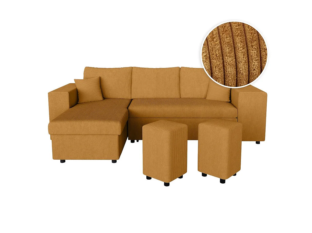 Canapé d'angle convertible 5 places avec pouf en velours jaune MADY