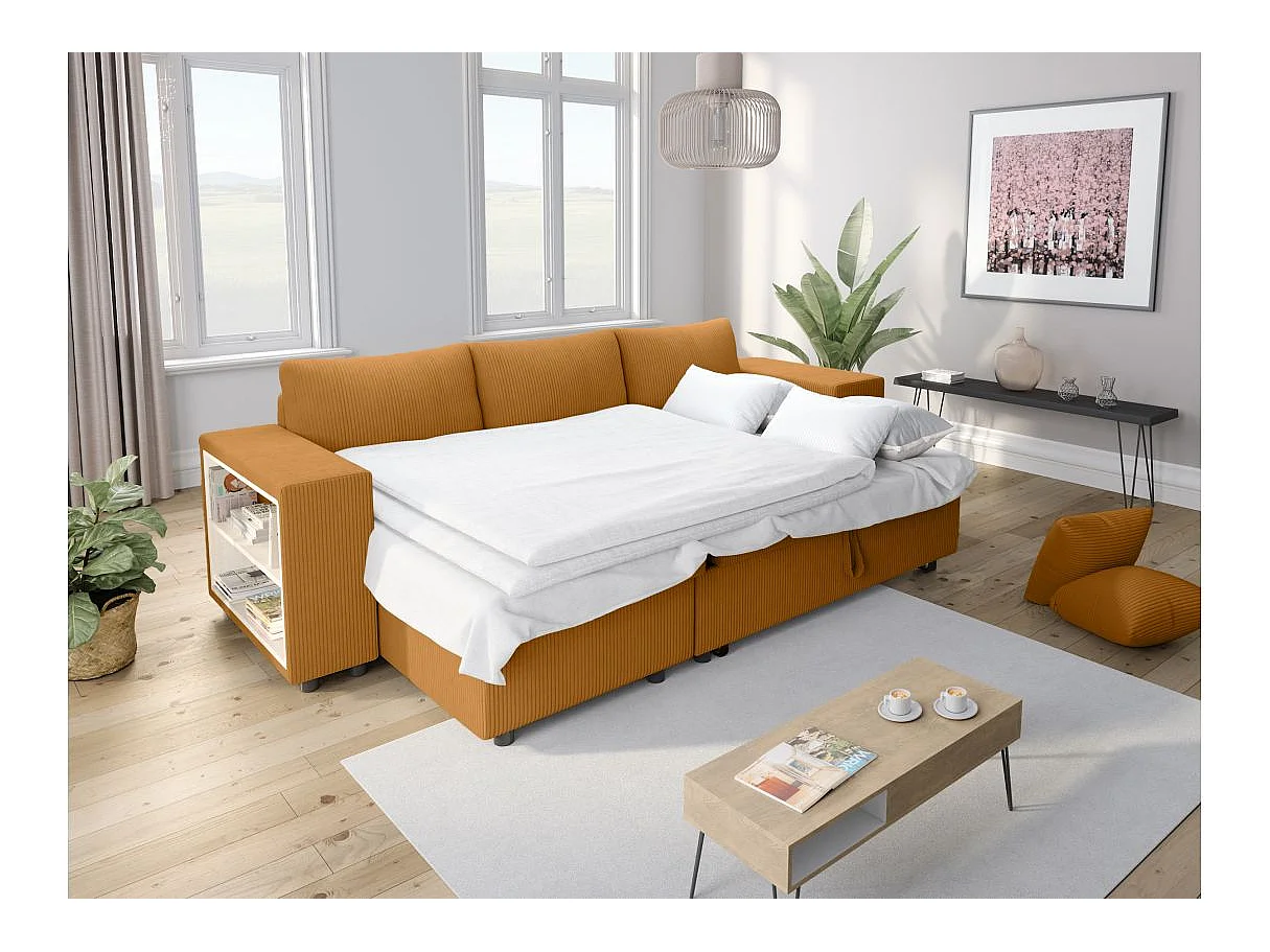 Canapé d'angle convertible 5 places avec pouf en velours jaune MADY