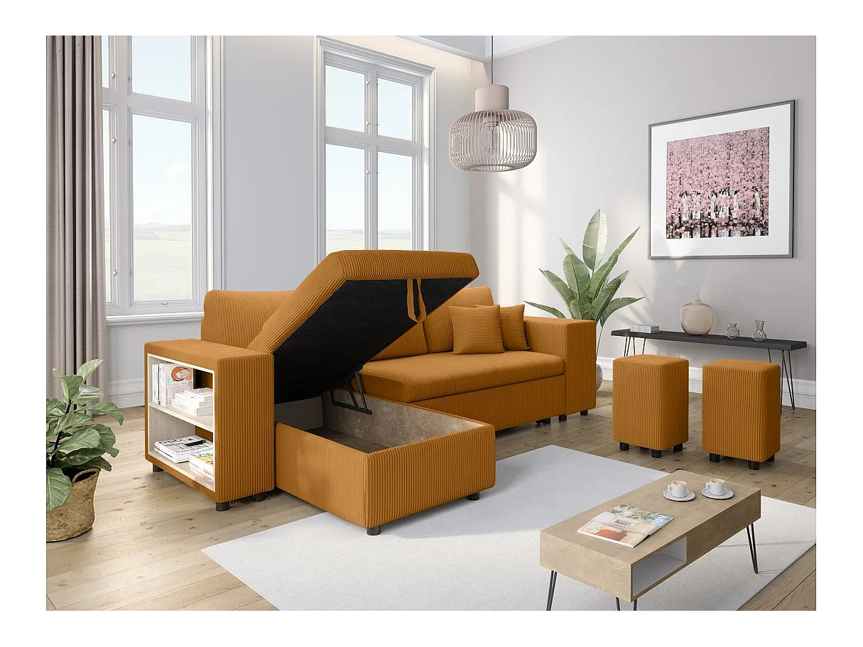 Canapé d'angle convertible 5 places avec pouf en velours jaune MADY