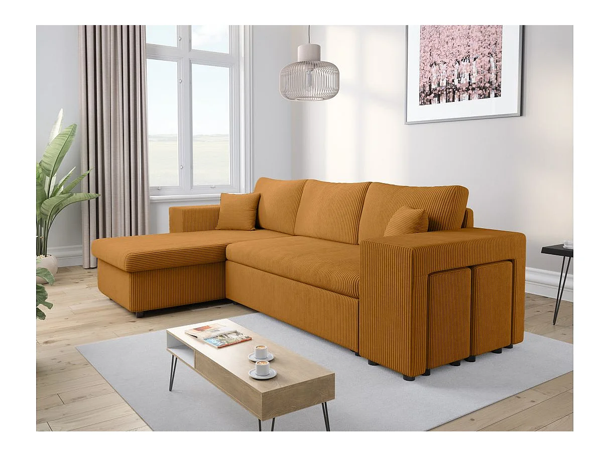 Canapé d'angle convertible 5 places avec pouf en velours jaune MADY
