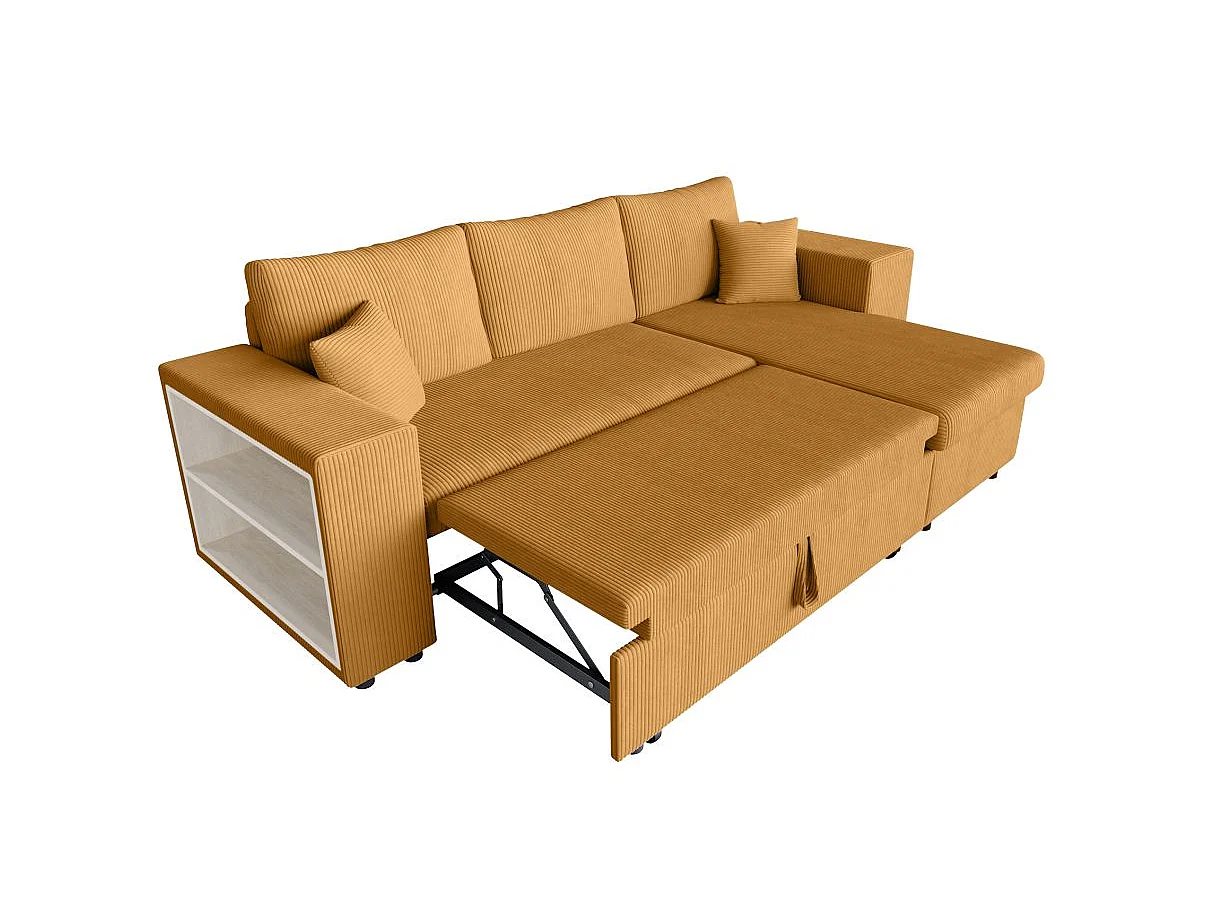 Canapé d'angle convertible 5 places avec pouf en velours jaune MADY