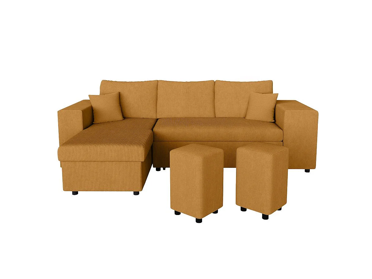 Canapé d'angle convertible 5 places avec pouf en velours jaune MADY