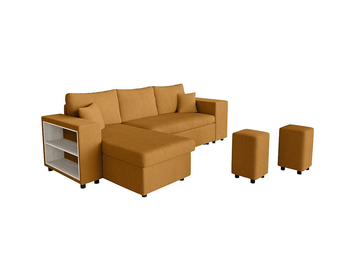 Canapé d'angle convertible 5 places avec pouf en velours jaune MADY