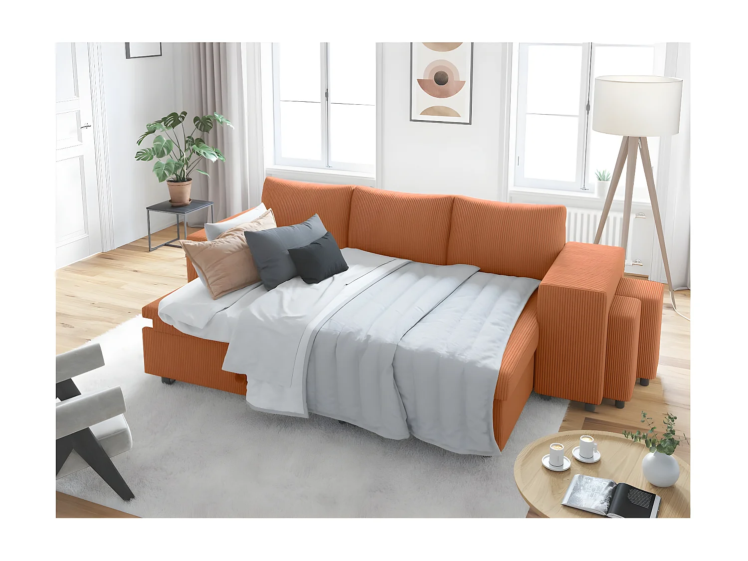 Canapé d'angle réversible convertible Oslo coffre 2 poufs à droite en velours côtelé terracotta - L241 x P146 x H81cm - Loungitude