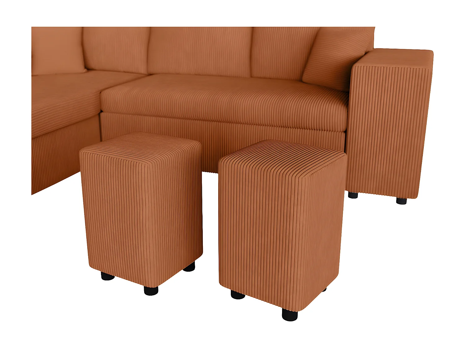 Canapé d'angle réversible convertible Oslo coffre 2 poufs à droite en velours côtelé terracotta - L241 x P146 x H81cm - Loungitude